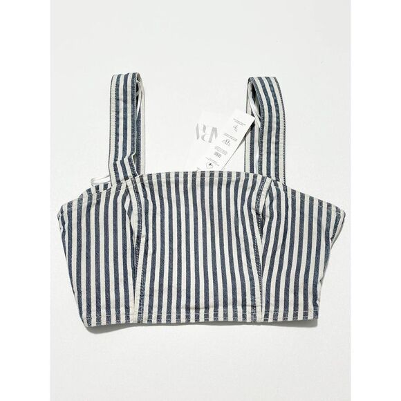 Zara Striped Denim Crop Bodice Tank Top Sleeveless‎ Blue White Small - Picture 10 of 12